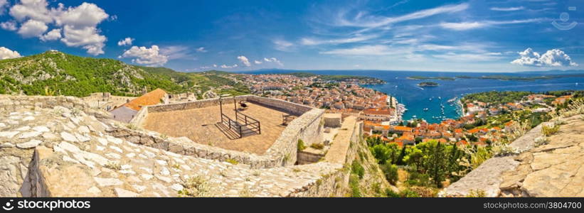 Island of Hvar and Paklinski islands panoramic aerial view from Fortica fortress, Dalmatia, Croatia