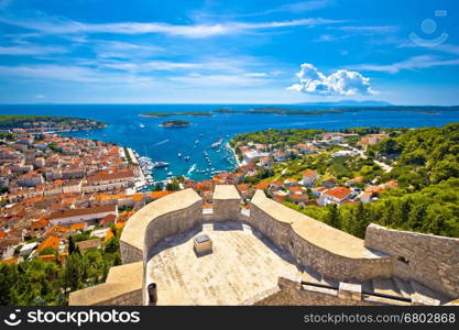 Island of Hvar and Paklinski islands panoramic aerial view from hill, Dalmatia, Croatia