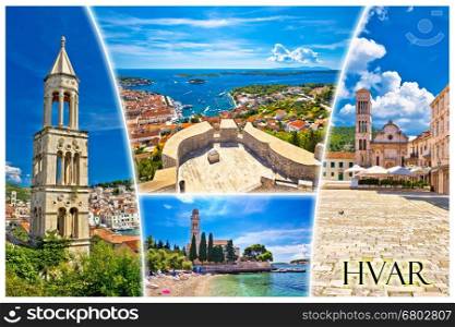 Island of Hvar tourist postcard with label, famous landmarks and beautiful nature, Dalmatia, Croatia