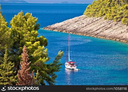 Island of Korcula hidden turquoise sailing bay in Pupnatska Luka, landscape of southern Dalmatia, Croatia
