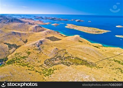 Island of Kornat stone desert archipelaho aerial view, Kornati national park in Dalmatia region of Croatia