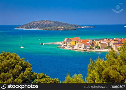Island of Krapanj aerial panoramic view, sea sponge harvesting village, Sibenik archipelago of Croatia