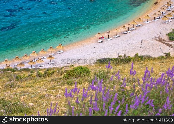 Island of Krk beach at Stara Baska aerial view, archipelago of Kvrner, Croatia