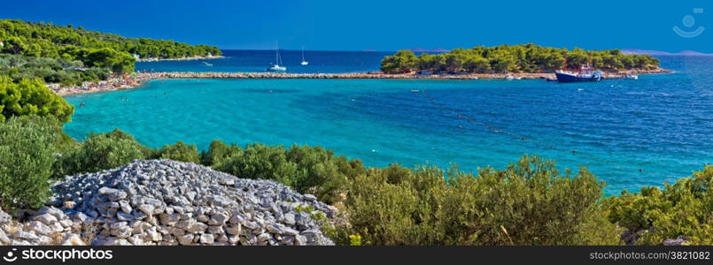 Island of Murter turquoise beach panoramic view, Dalmatia, Croatia
