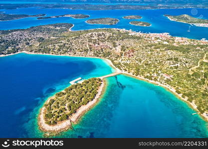 Island of Murter turquoise lagoon beach Podvrske aerial view, Dalmatia archipelago of Croatia