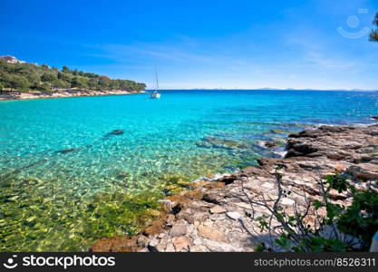 Island of Murter turquoise lagoon beach Slanica view, Dalmatia archipelago of Croatia