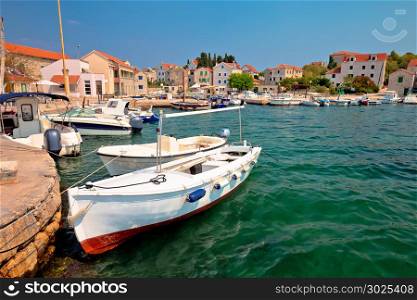 Island of Prvic turquoise harbor and waterfront view in Sepurine village, Sibenik archipelago of Croatia