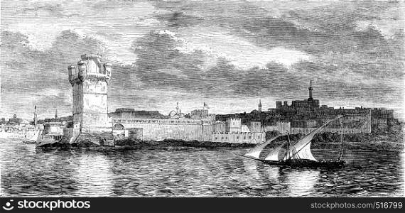 Island of Rhodes, View of Rhodes, vintage engraved illustration. Magasin Pittoresque 1844.