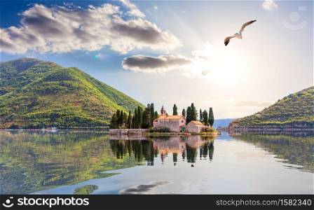 Island of Saint George by the coast of Perast in the Bay of Kotor, Montenegro .