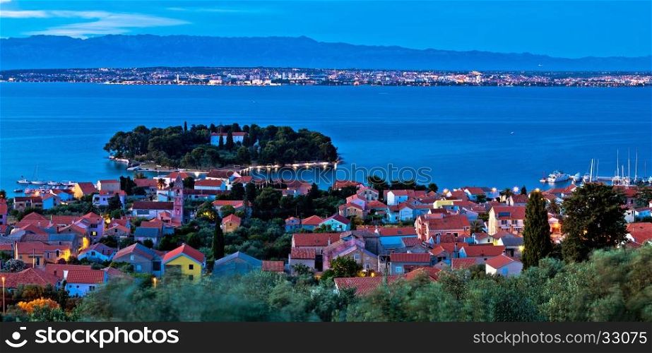 Island of Ugljan evening aerial panorama, Dalmatia, Croatia