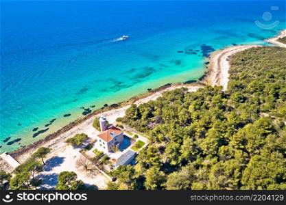 Island of Vir archipelago lighthouse and beach aerial panoramic view, Dalmatia region of Croatia