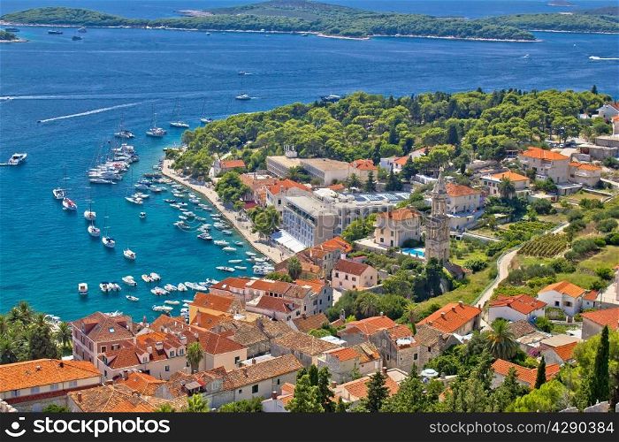 Island town of Hvar aerial harbor view in Dalmatia, Croatia