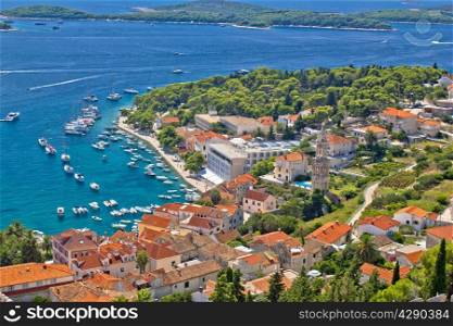 Island town of Hvar aerial harbor view in Dalmatia, Croatia