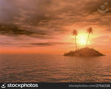 Island with vegetation and two palm trees on a background of the coming sun (a red decline)