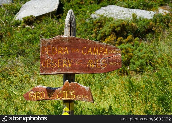 Islas Cies islands lighthouse Faro Cies sign in wood  Vigo of Galicia