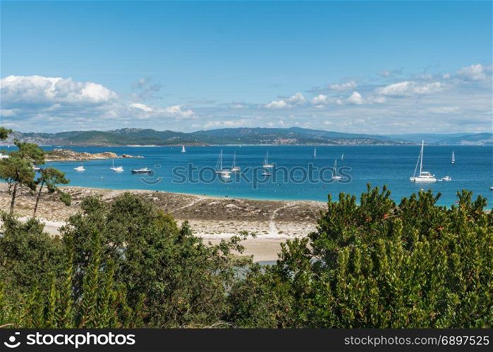 ISLAS CIES, VIGO, SPAIN - SEPTEMBER 16, 2017: View of the Playa de Rodas at Cies islands of Spain included in the Atlantic Islands of Galicia National Park.