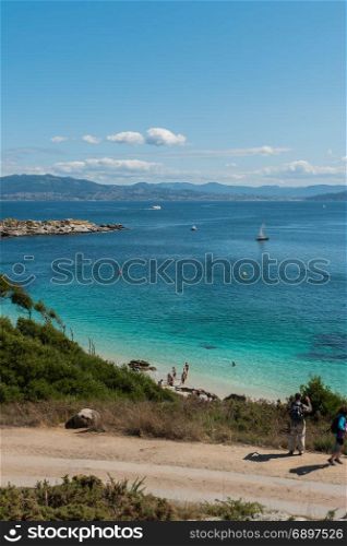 ISLAS CIES, VIGO, SPAIN - SEPTEMBER 16, 2017: View of the Playa de Nossa Senora at Cies islands of Spain included in the Atlantic Islands of Galicia National Park