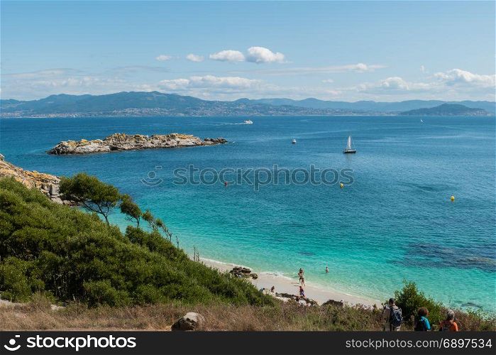 ISLAS CIES, VIGO, SPAIN - SEPTEMBER 16, 2017: View of the Playa de Nossa Senora at Cies islands of Spain included in the Atlantic Islands of Galicia National Park