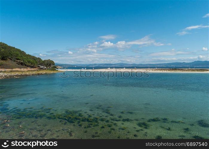 ISLAS CIES, VIGO, SPAIN - SEPTEMBER 16, 2017: View of the Playa de Rodas at Cies islands of Spain included in the Atlantic Islands of Galicia National Park.