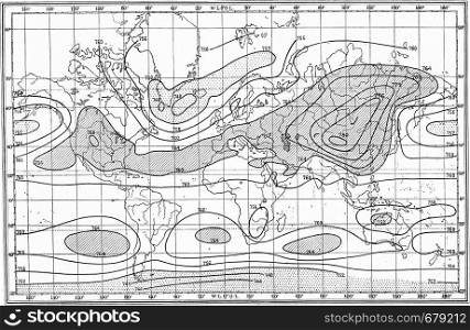Isobars or lines of equal atmospheric pressure for the month of January, vintage engraved illustration. From the Universe and Humanity, 1910.