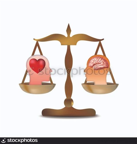 Isolated 3d heart and brain concept with human head silhouette on balance