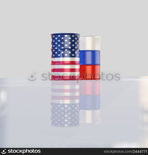 isolated 3d render of crude oil barrels in different countries.