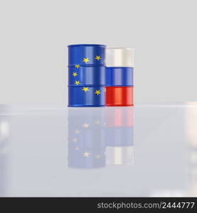 isolated 3d render of crude oil barrels in euro and russia flag