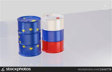 isolated 3d render of crude oil barrels in euro and russia flag