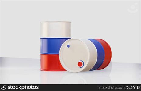 isolated 3d render of oil barrel in Russian flag colour combination.