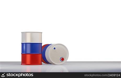 isolated 3d render of oil barrel in Russian flag colour combination.