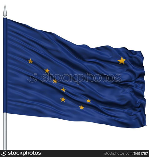 Isolated Alaska Flag on Flagpole, USA state, Flying in the Wind, Isolated on White Background