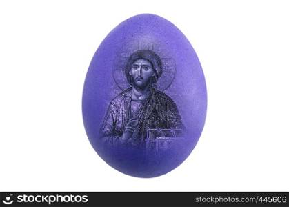 Isolated beautiful perfect shape organic blue Chicken Egg with easter Jesus image on white background - fine edge for easily di cut