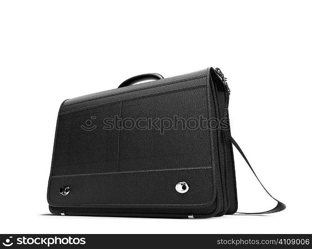 isolated black leather hand bag over white