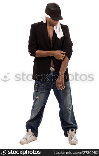 Isolated black man getting ready to dance on a light background