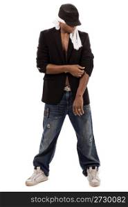 Isolated black man getting ready to dance on a light background