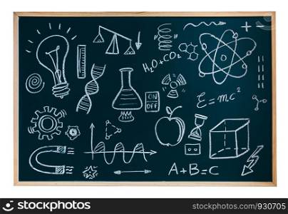 Isolated blackboard with drawings and symbols chemists and scientists