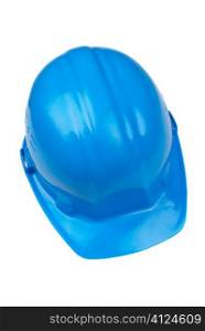 isolated blue hard-hat on white background, focus point on center of photo