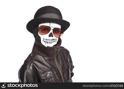 isolated boy wearing skull mask and glasses over white background