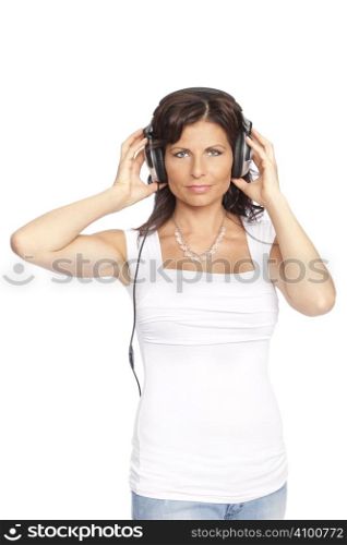 isolated brunette woman listening music over white background