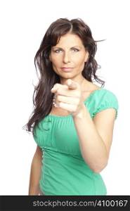 isolated brunette woman pointing finger over white background