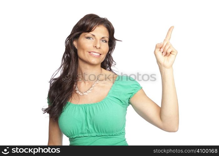 isolated brunette woman pointing finger over white background