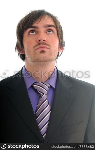 isolated business man in suit look up