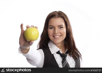 isolated business woman holding green apple white background