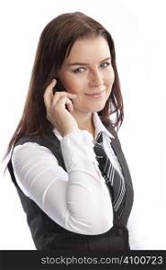 isolated business woman holding phone over white background