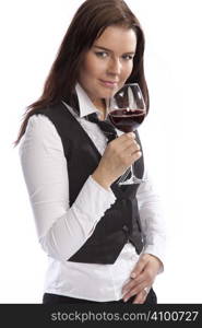isolated business woman holding wine glass over white background