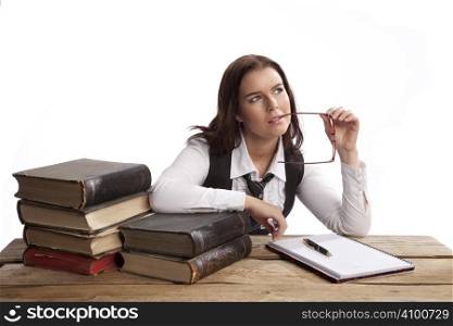 isolated business woman thinking over white background