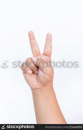 isolated child hand shows the number two