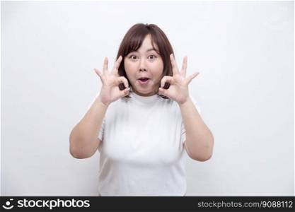 Isolated Chubby Asian Woman with OK Gesture