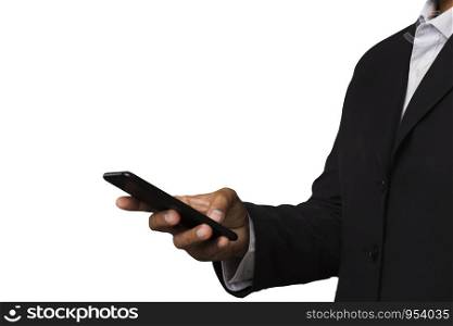 Isolated Close up of businessman using mobile smartphone isolated on white background. Clipping Pate