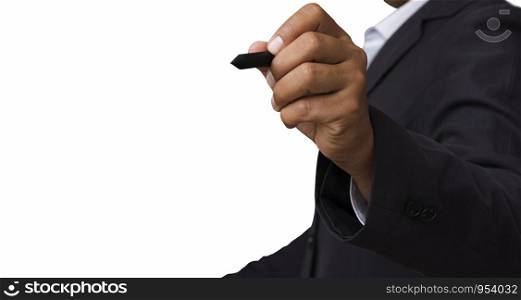 Isolated Close up of businessman using pen isolated on white background. Clipping Pate